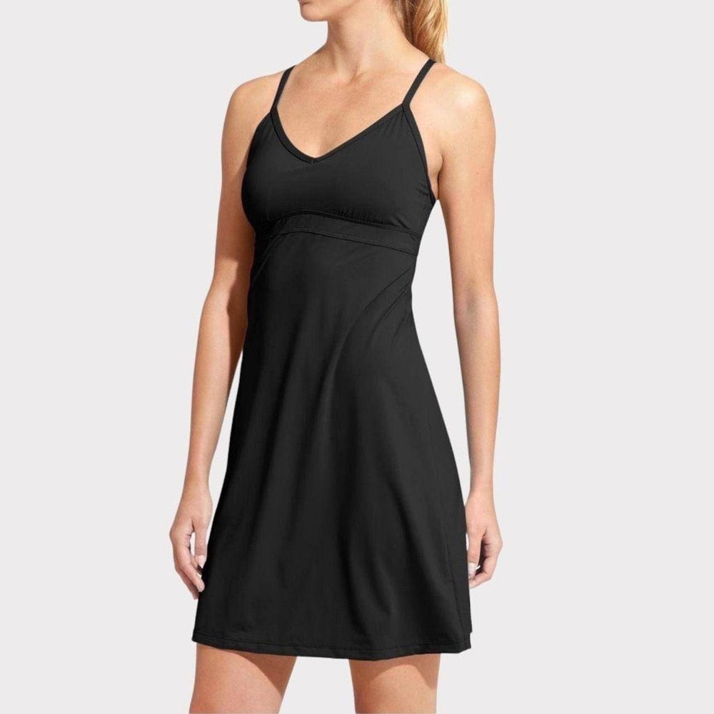 Athleta Racerback Shorebreak Swim Dress Black V-Neck Built-in Bra Activewear UPF